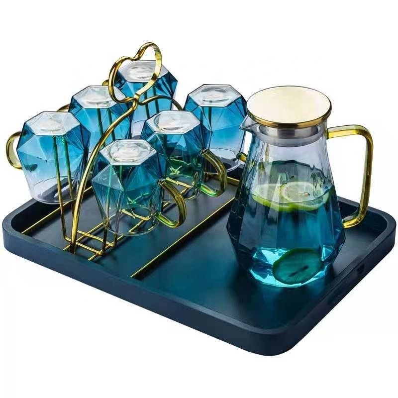 High Quality Aesthetic Luxury Diamond Shaped Hot Cold Water Jug Set Summer Clear Glass Tea Cup Set