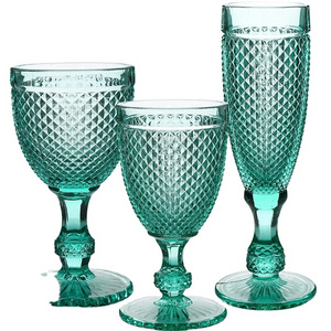 Light Luxury Vintage Hand Blown Aesthetic Colored Retro Engraved Clear Wine Glass Cups Goblets