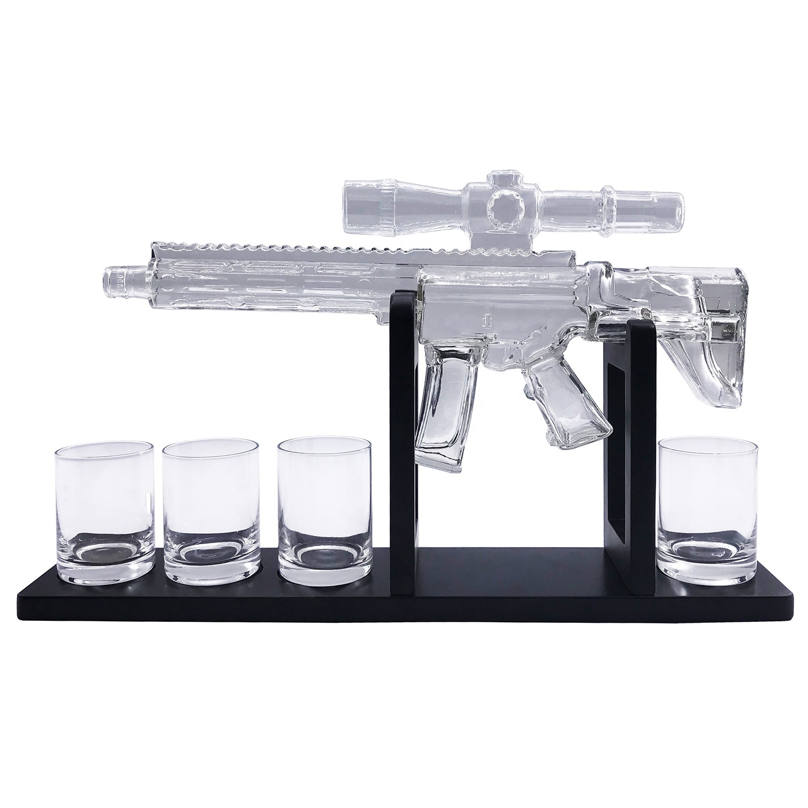 Home Bar Decor Liquor Dispenser with Glass and Wooden Base Ak 47 Gun Whiskey Decanter Gift Set