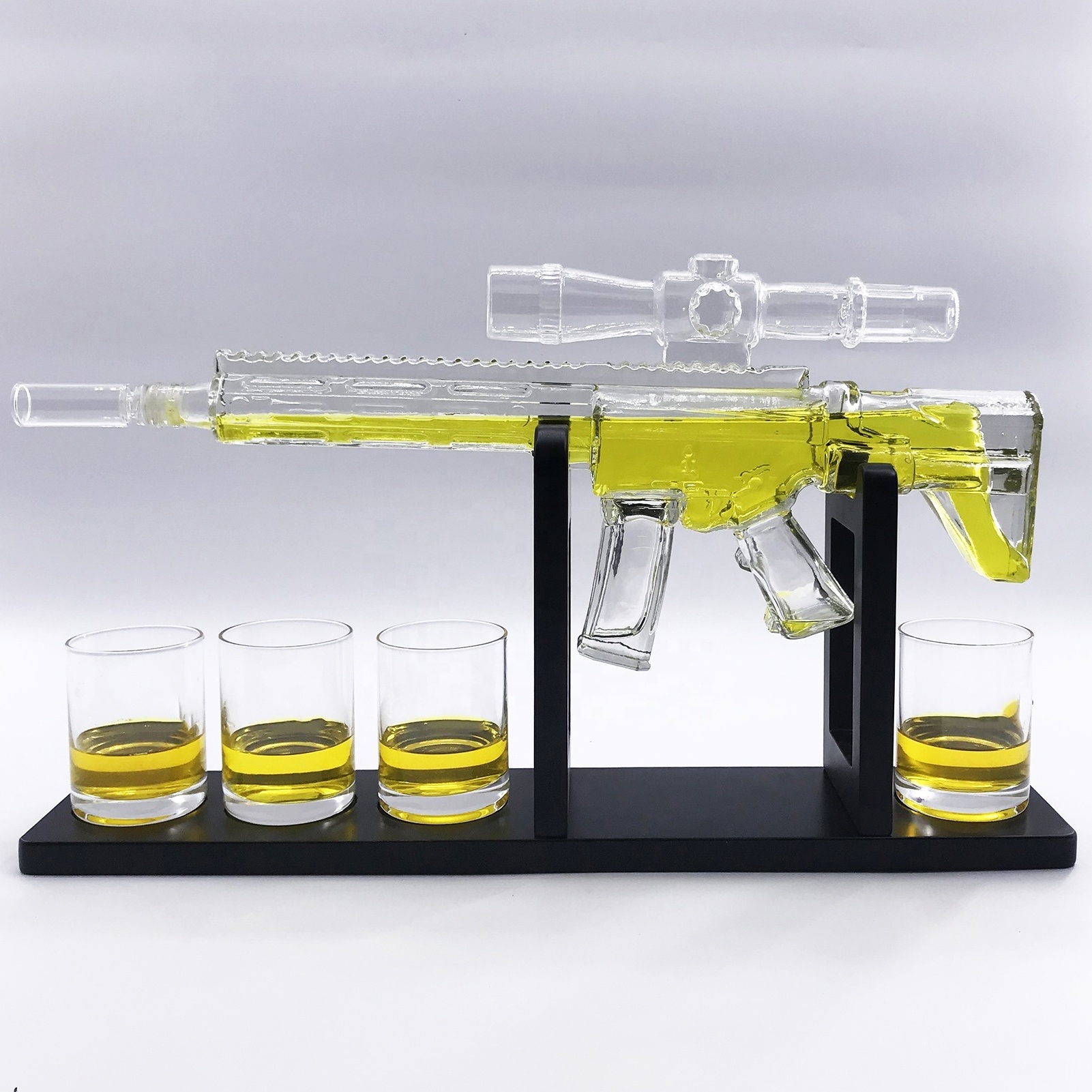 Home Bar Decor Liquor Dispenser with Glass and Wooden Base Ak 47 Gun Whiskey Decanter Gift Set