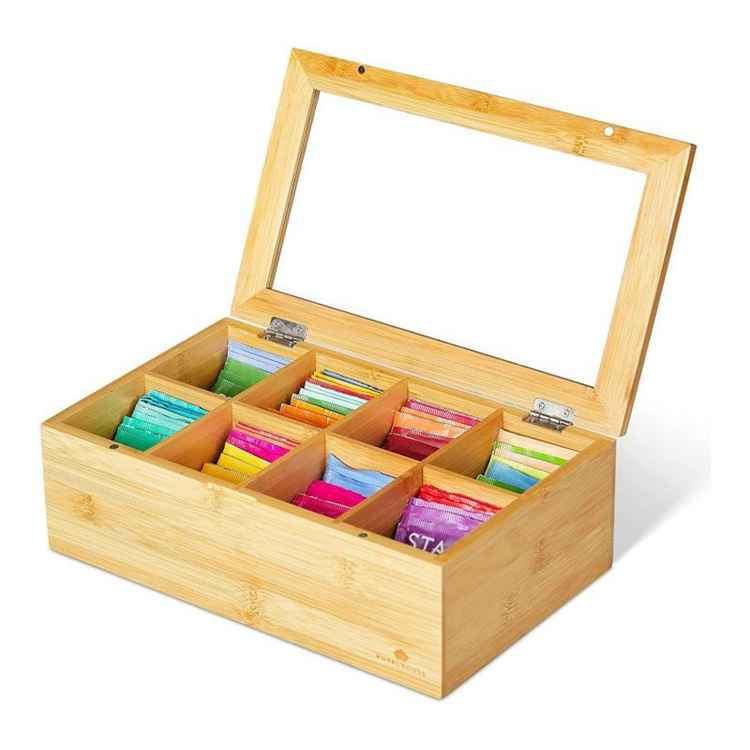 Tea Box Storage Organizer 8 Compartments Tea Bag Holder Wooden Finish Organizer Bamboo Wood Tea Bag Boxes