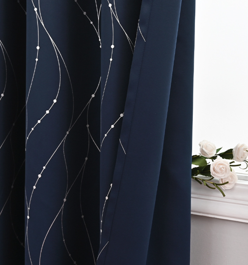 Good Price Customized Grommet Wave Dots and Line Silver Harp Printed Blackout Curtains Sliding Glass Door