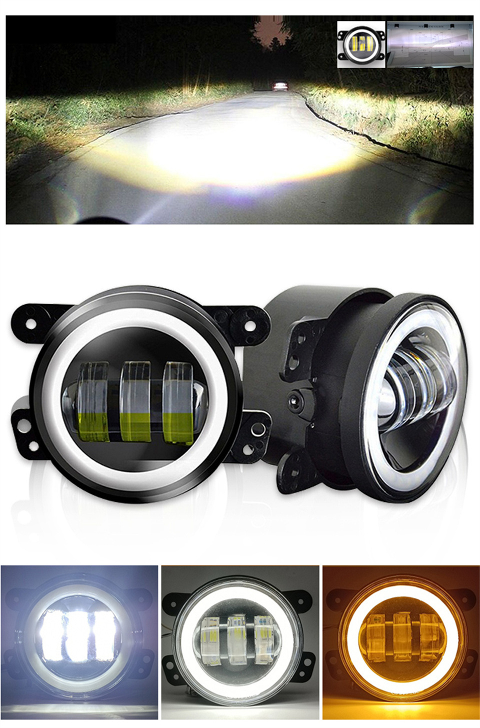 4 Inch LED Fog Lights 30W Yellow White Halo Ring DRL Fog Lamp For Jeep Chevrolet Wrangler JK TJ LJ Dodge Journey