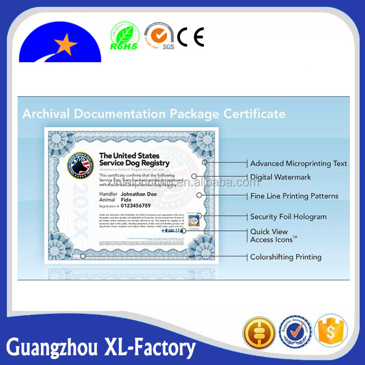 Printing Security certificate paper with anti-counterfeiting water mark paper and hologram,degree certificate printing paper