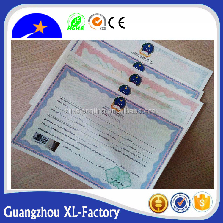 Printing Security certificate paper with anti-counterfeiting water mark paper and hologram,degree certificate printing paper