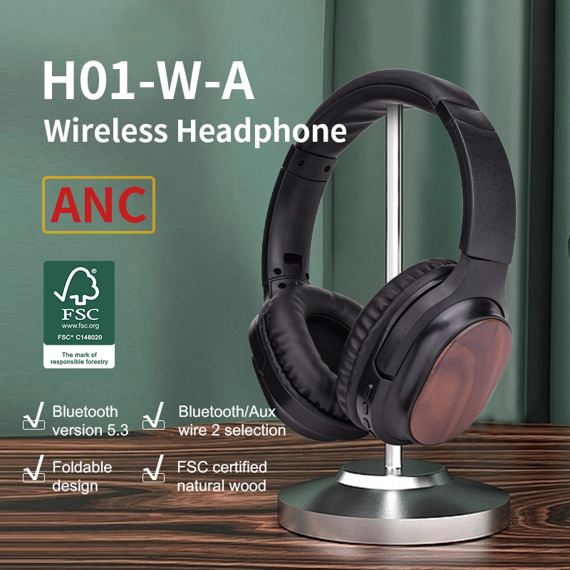 Casque Bass Wireless High End Cuffie Reduction Bluetooth Over-Ear Anc Active Noise Cancelling Bamboo Headphones With Enc Noise