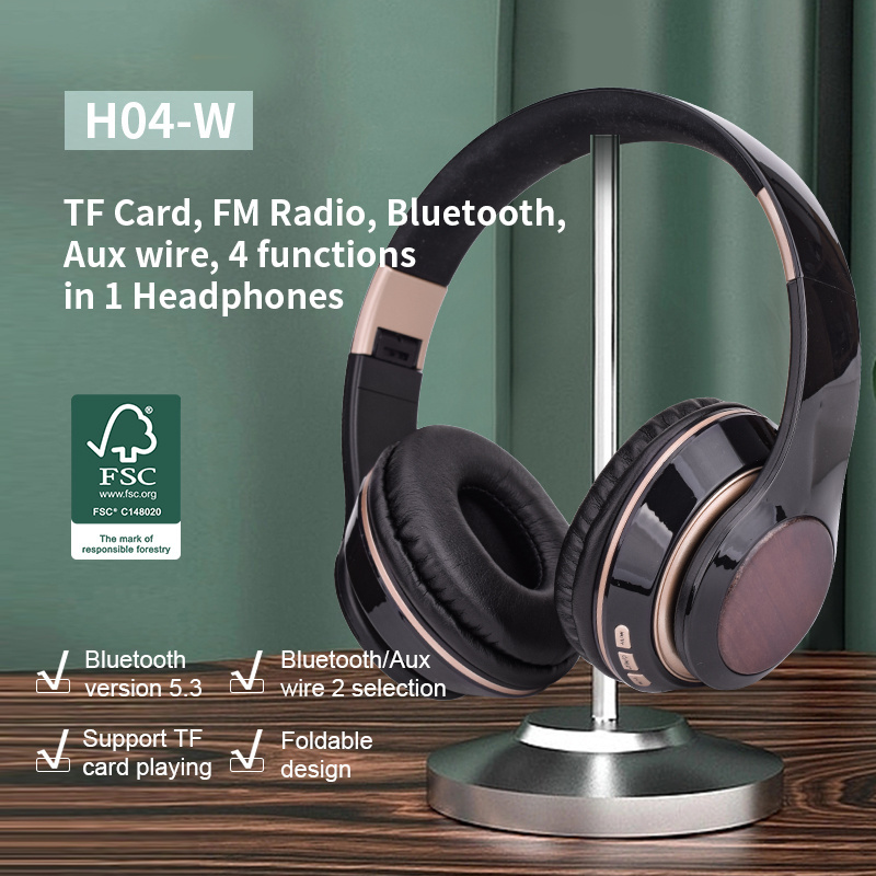 2023 Eco-Friendly Music Logo Stereo Max Super Bass Blue Tooth Head Phones Wireless Sport Wood Bluetooth 5.3 Headphone