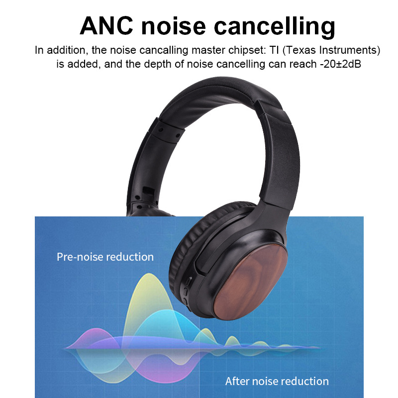 Casque Bass Wireless High End Cuffie Reduction Bluetooth Over-Ear Anc Active Noise Cancelling Bamboo Headphones With Enc Noise