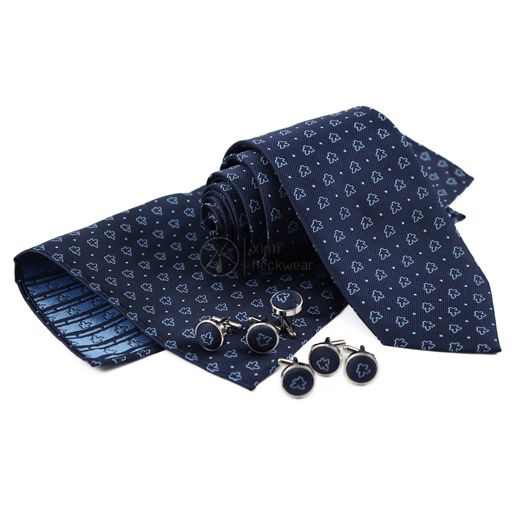 Mens Navy Blue Polka Dot Neck Tie Cufflinks Cuff Link And Pocket Square Men Custom Logo Ties Necktie Set