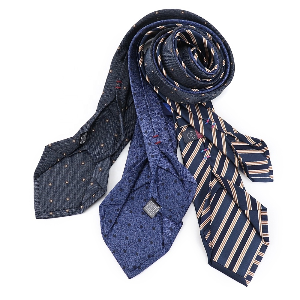 New Fashion Custom Woven Embroidered Geometric Polka Dot Blue Suit Accessories 7 Fold Silk Ties for Men