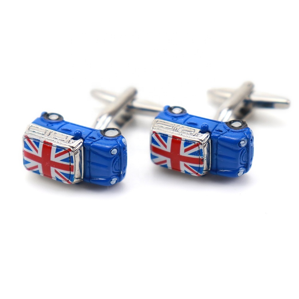 XINLI Neckwear Blue Solid Metal Rhodium Cufflink Fashion Custom Engraved UK Flag Screen Print Mini Cooper Car Logo Cufflinks