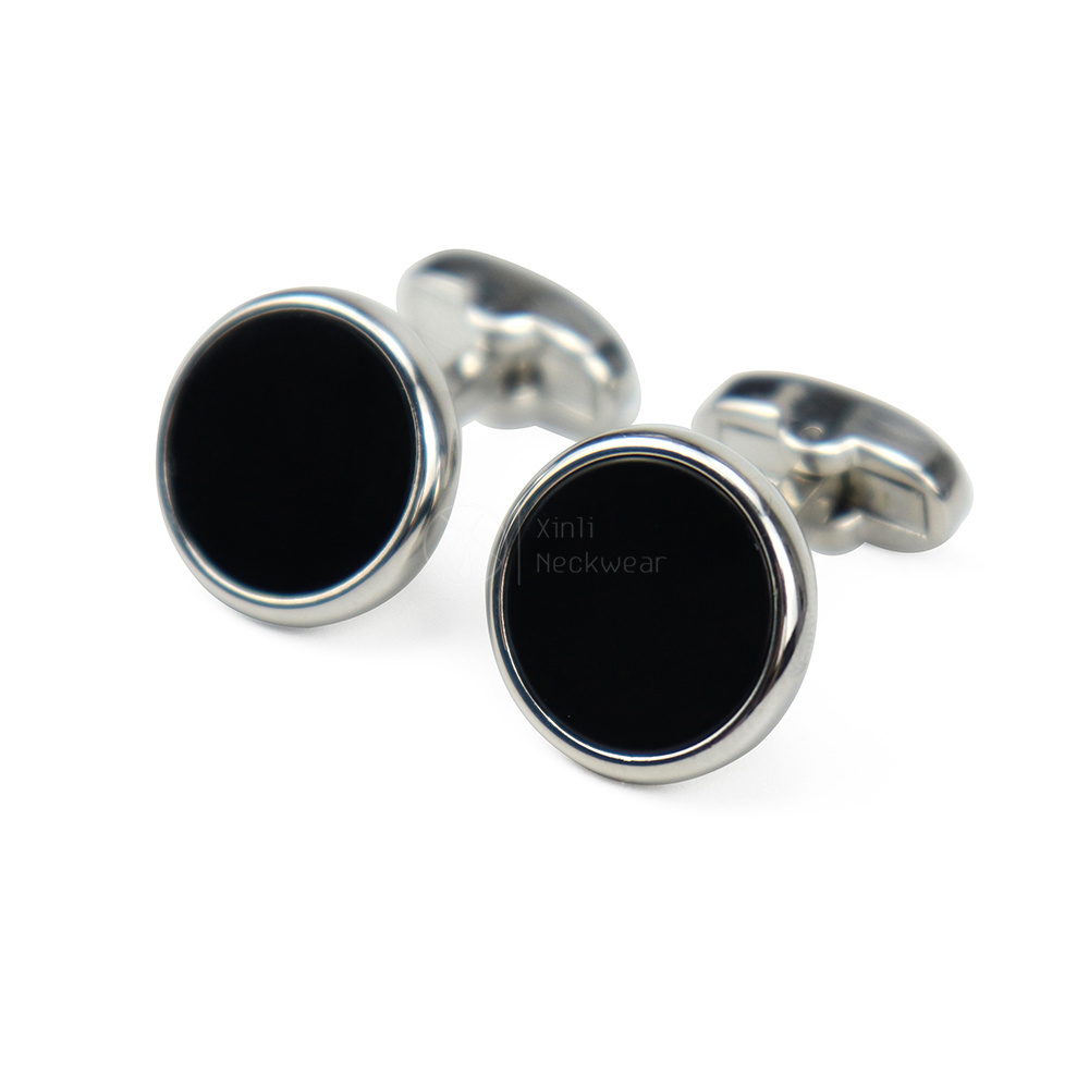 Vintage Designer Silver Brass Shirt Button Cufflink Designer Round Curved Beveled Black Onyx Cufflinks for Tuxedo