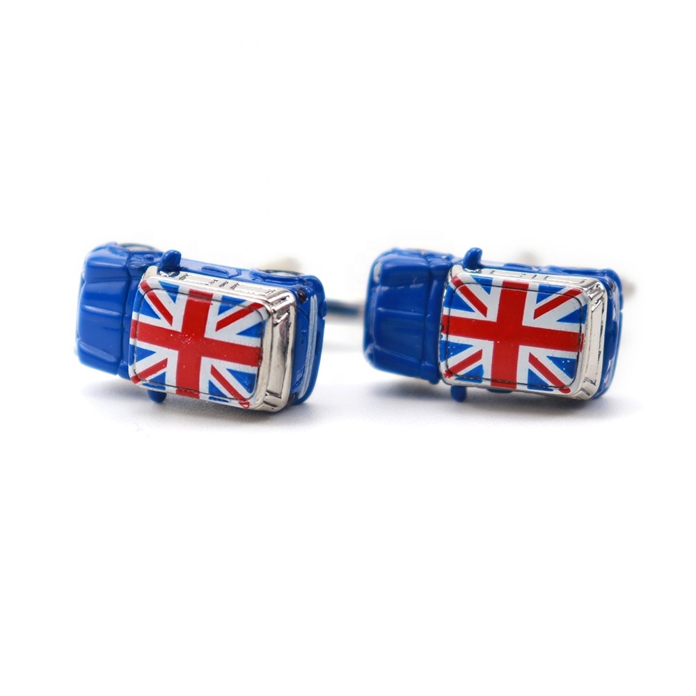 XINLI Neckwear Blue Solid Metal Rhodium Cufflink Fashion Custom Engraved UK Flag Screen Print Mini Cooper Car Logo Cufflinks