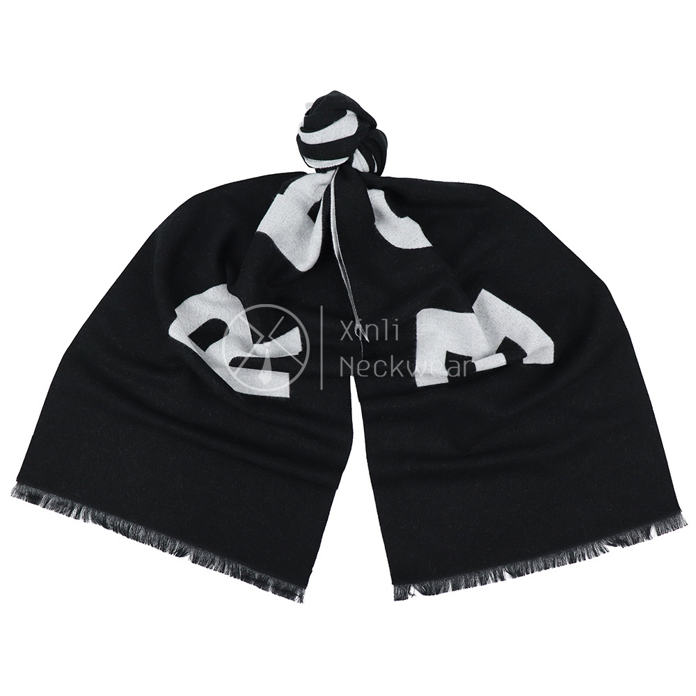 New Trendy Winter Accessories Black White Warm Scarfs Custom Logo Embroidered Men's Wool Scarf with Tassel