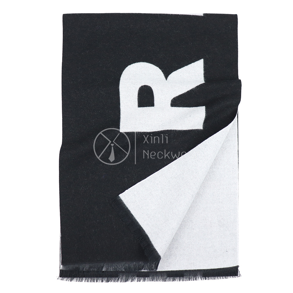 New Trendy Winter Accessories Black White Warm Scarfs Custom Logo Embroidered Men's Wool Scarf with Tassel