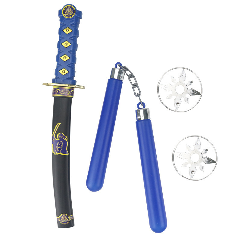 Hot selling Halloween samurai sword ninja plastic toy weapons children's blue knife with nunchaku darts For cosplay