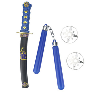 Hot selling Halloween samurai sword ninja plastic toy weapons children's blue knife with nunchaku darts For cosplay