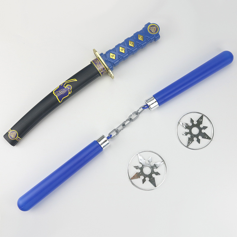 Hot selling Halloween samurai sword ninja plastic toy weapons children's blue knife with nunchaku darts For cosplay