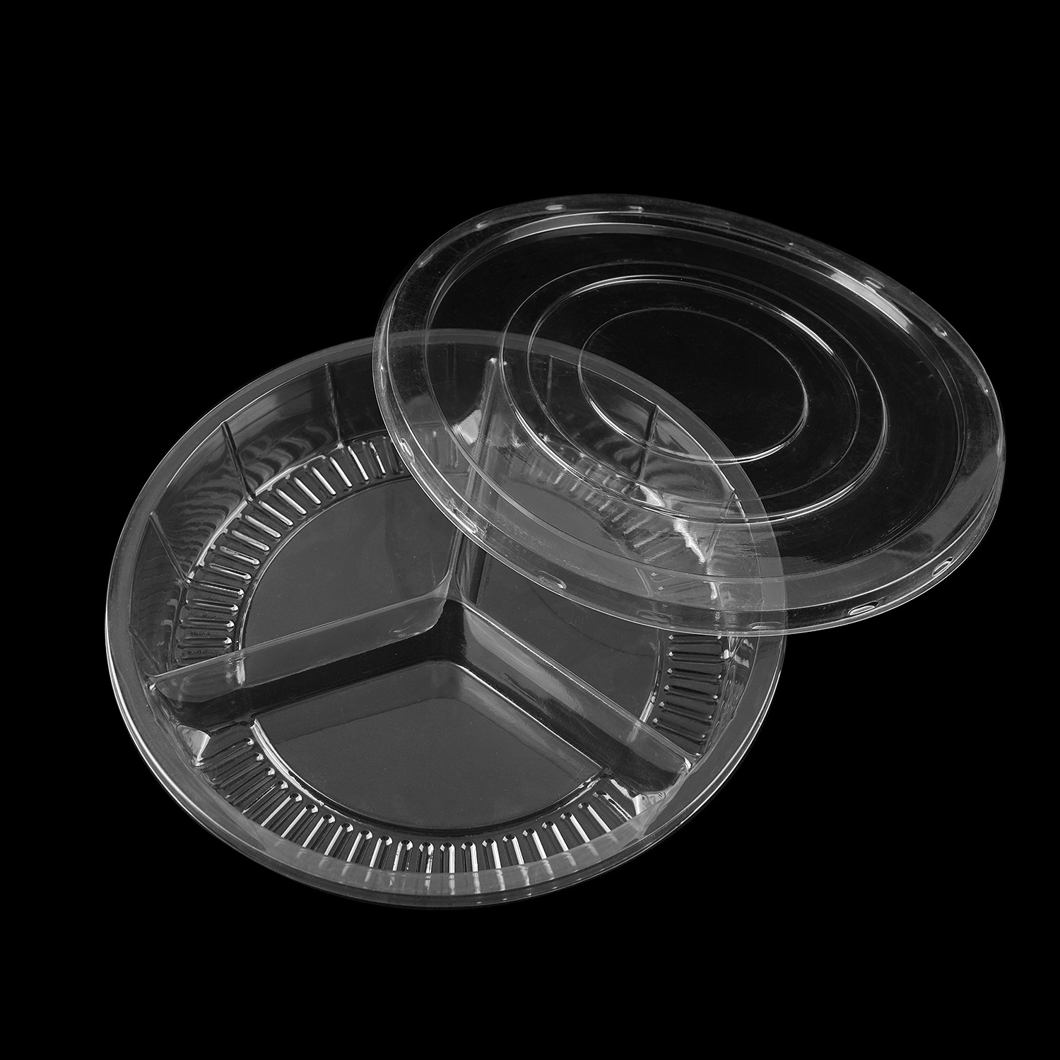 customized clear plastic round shape 3 pantition fruit salad box packaging food containers with lids