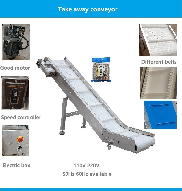 Small modular vertical climbing belt conveyor food exit away take conveyor belt machine for finished package bags