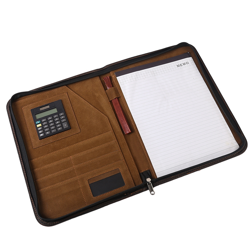 Portable Pu Leather Office Portfolio Multifunctional Portfolio Computer Combination Zipper Bag Brown A4 Portfolio