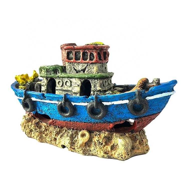 Rapid delivery fish tank accessories resin boat ornaments with bubbler for aquarium decoration