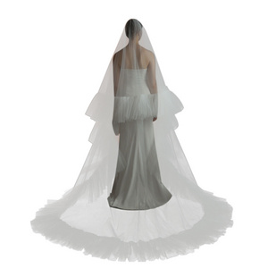 V336 Unique Wedding Bridal Cathedral Veil Two-Layer Tulle Ruffled Edge Long Train White Handmade Royal Brides Veil