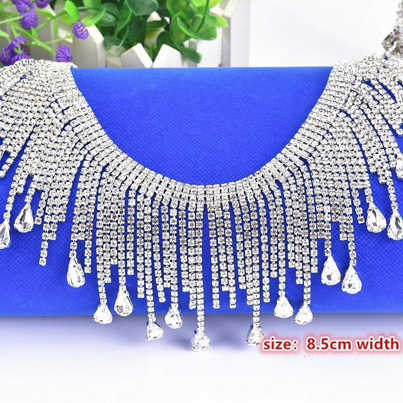 Bling Rhinestone Long Tassel Crystal Chain Diamante Clear Chain Rhinestone Trim Dance Clothes Collar Headband Lace Trimming