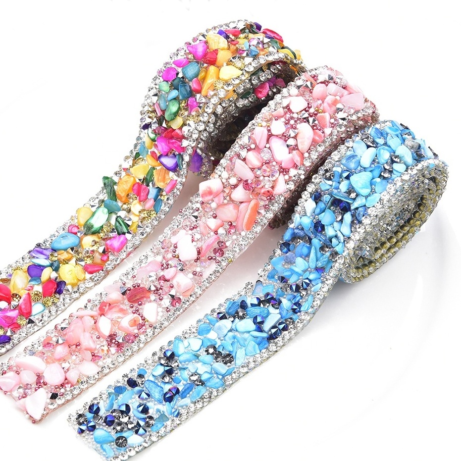 2cm Wide Colored Gravel Rhinestones Caviar Beads Tape Hot Fix Crystal Adhesive Ribbon Clothing Shoes bags Diamond Strips