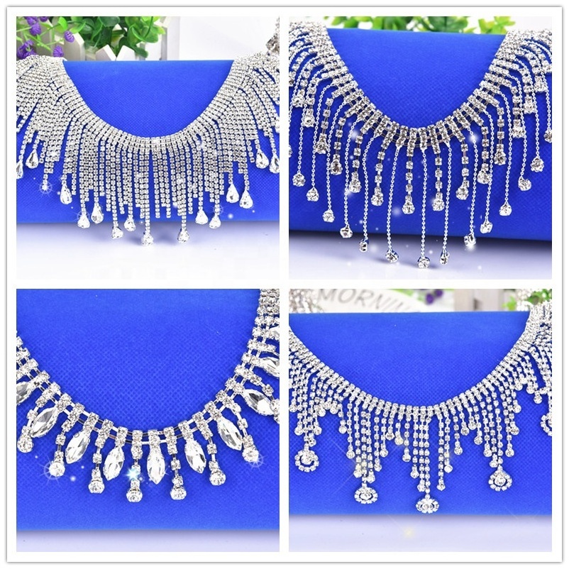 Bling Rhinestone Long Tassel Crystal Chain Diamante Clear Chain Rhinestone Trim Dance Clothes Collar Headband Lace Trimming