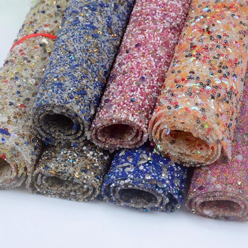 Hot Fix Adhesive Iron on Gravel Stone Rhinestone Fabric Trimming Sheet Crystal Diamond Roll Pearl Beads Sticker Mesh