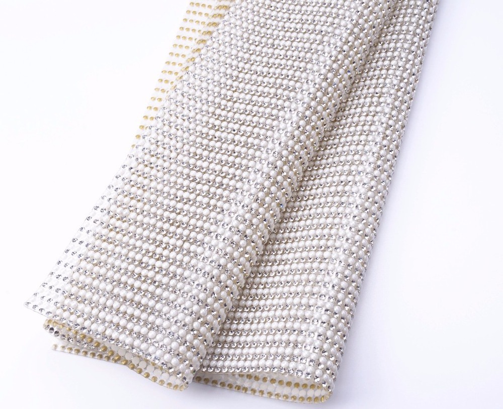 24*40cm one pearls one crystal stones rhinestone mesh sheet with hotfix glue for shoes toe cap decoration