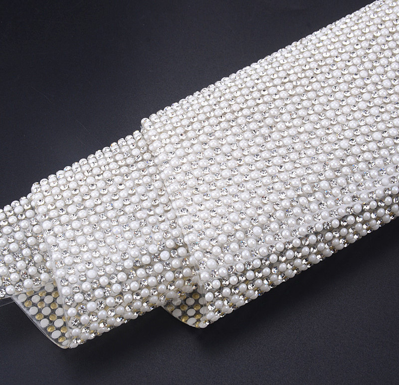 24*40cm one pearls one crystal stones rhinestone mesh sheet with hotfix glue for shoes toe cap decoration