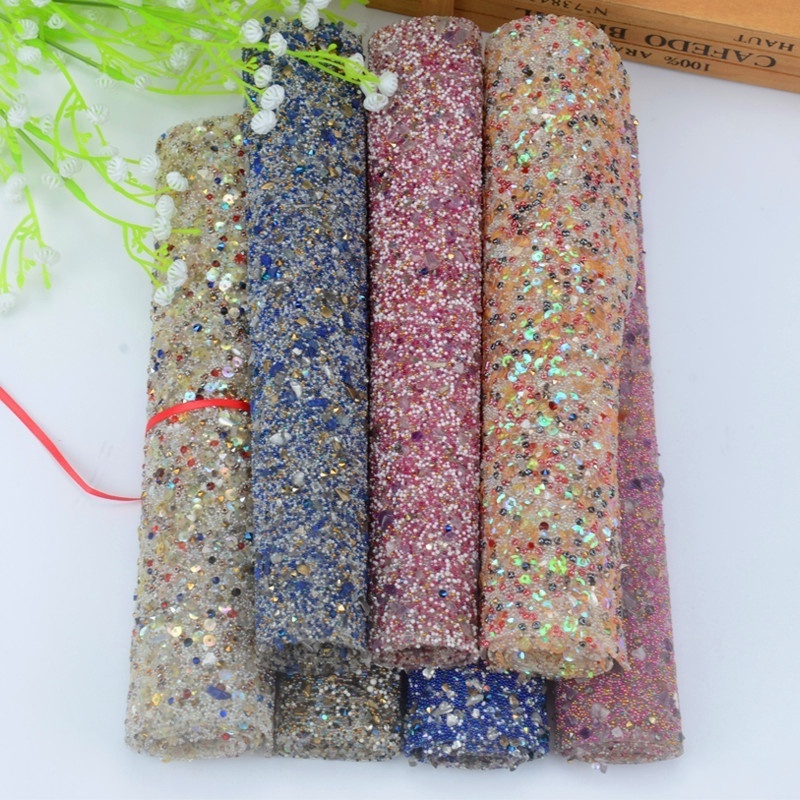 Hot Fix Adhesive Iron on Gravel Stone Rhinestone Fabric Trimming Sheet Crystal Diamond Roll Pearl Beads Sticker Mesh