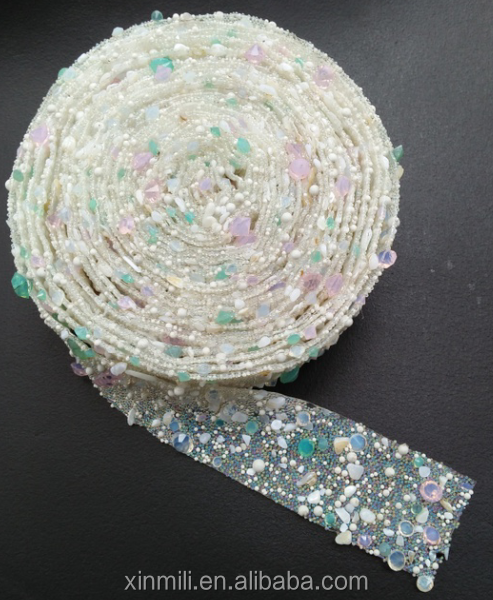 3.5cm White Color Gravel Crystal Trim Hot Fix Pearl Beads Rhinestone Banding Tape for Garment Belt Shoes Wedding Dress