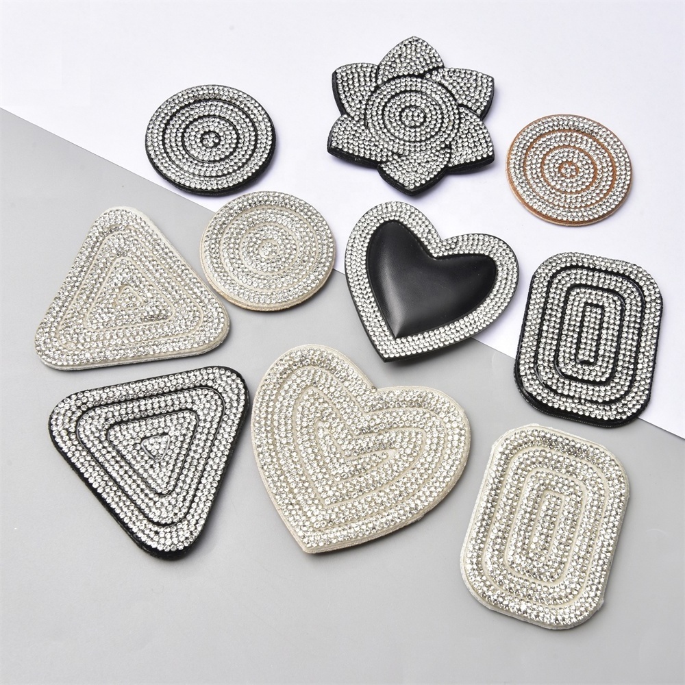 Rectangle Heart Flower Triangle Glass Crystal Leather Fabric Applique Glue on Rhinestone Patches for High Heel Shoes Clothing