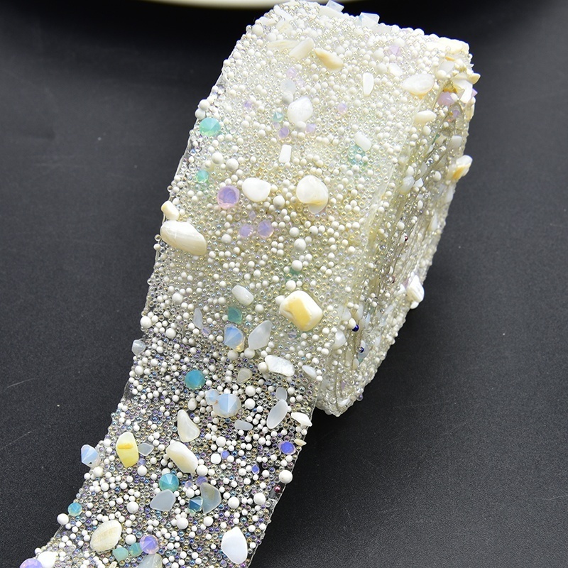 3.5cm White Color Gravel Crystal Trim Hot Fix Pearl Beads Rhinestone Banding Tape for Garment Belt Shoes Wedding Dress