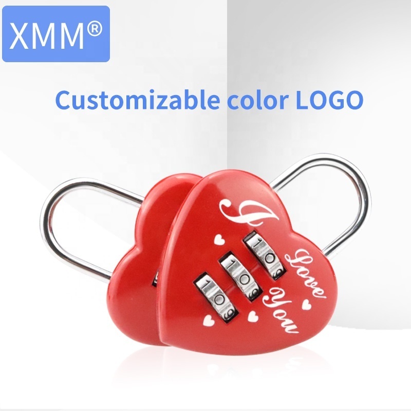 XMM-8026 manufacture red heart love shape 3 digital number password padlock zinc alloy bag luggage safety small combination lock