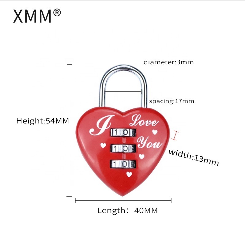 XMM-8026 manufacture red heart love shape 3 digital number password padlock zinc alloy bag luggage safety small combination lock