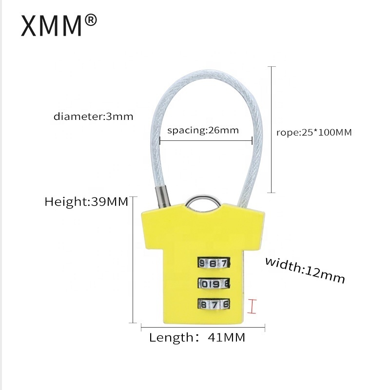 XMM Brand Cable Wire Padlock 3 digit Codes luggage Resettable Combination Lock Factory Direct Supply With Various Colorxmm-8032