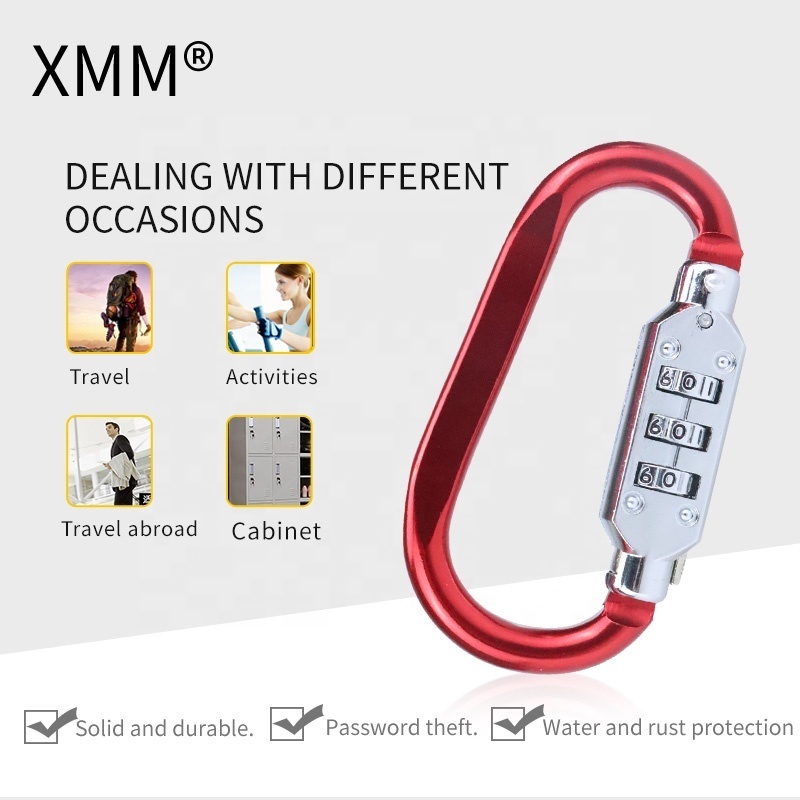 XMM Durable 3 Digit Password Combination Lock Aluminium Alloy Body Padlock Bike Resettable Carabiner Lock For Sale xmm-8047