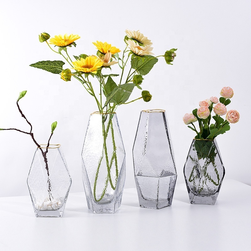 Tabletop Modern Living Room Decoration Clear Grey Glass Flower Vase Decor with Gold Rim For Home Use