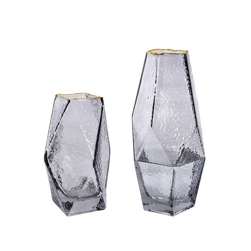 Tabletop Modern Living Room Decoration Clear Grey Glass Flower Vase Decor with Gold Rim For Home Use