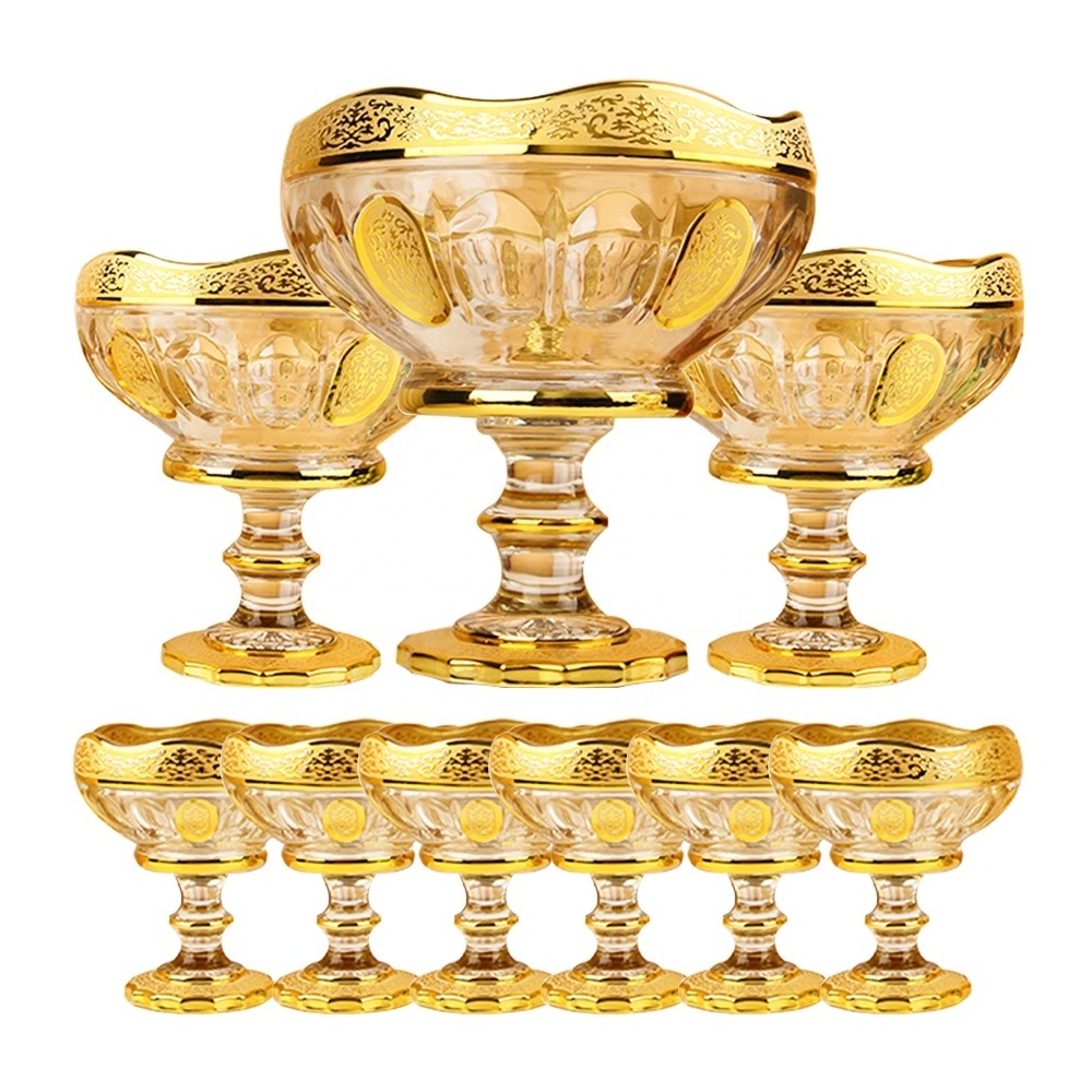 9 Pcs Arabic Decoration Luxury Gold Plated Glass Candy Dry Fruit Snacks Dishes Compartment Serving Tray