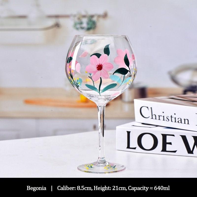 Factory Wholesale Handmade Glassware 640ml Leaf-Free Crystal Glasses Hand Painted Colorful Flower Gift Design Glass Goblet