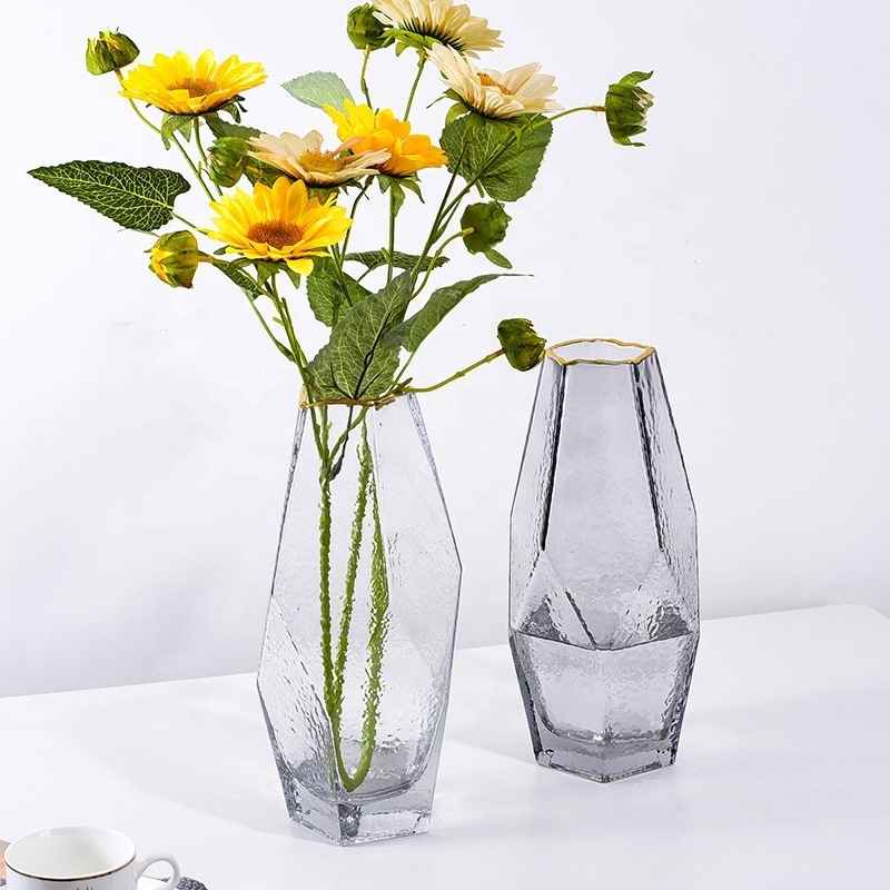 Tabletop Modern Living Room Decoration Clear Grey Glass Flower Vase Decor with Gold Rim For Home Use