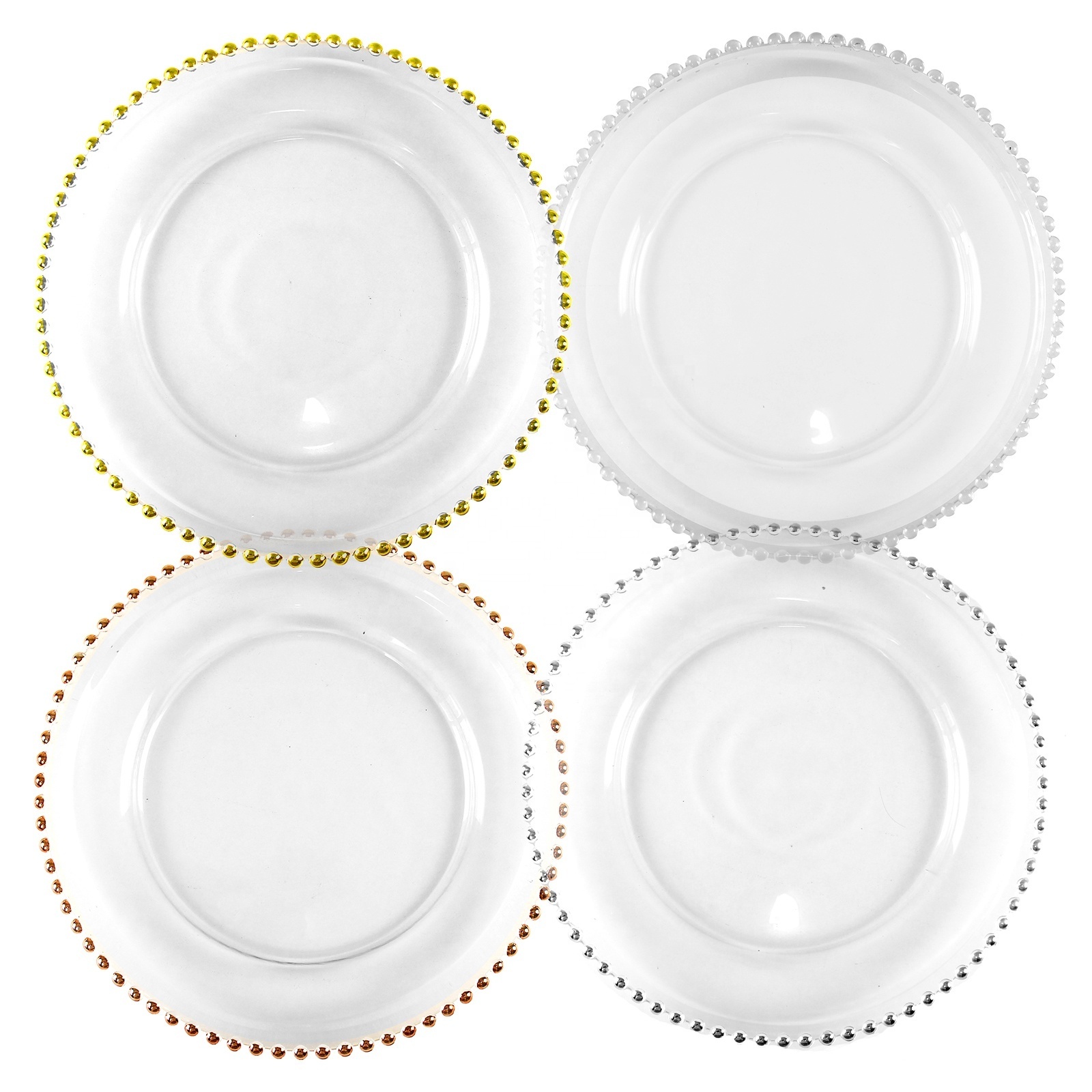 Popular Wholesale Cheap 13inch Gold Beads Rim Clear Glass Charger Plates For Wedding Decoration