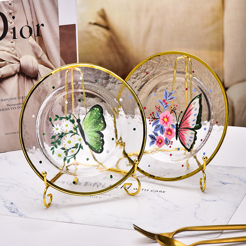 Wholesale Clear Painted Butterfly Gold Rim Crystal Glass Salad Fruit Cake Dessert Charger Dinner Under Dishes Plates For Wedding