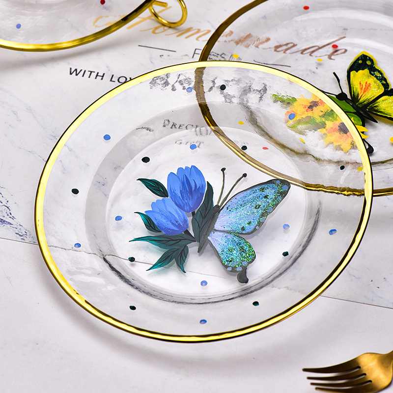 Wholesale Clear Painted Butterfly Gold Rim Crystal Glass Salad Fruit Cake Dessert Charger Dinner Under Dishes Plates For Wedding