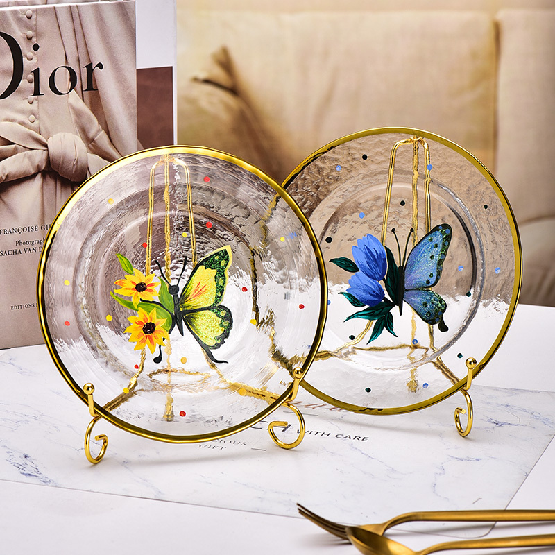 Wholesale Clear Painted Butterfly Gold Rim Crystal Glass Salad Fruit Cake Dessert Charger Dinner Under Dishes Plates For Wedding